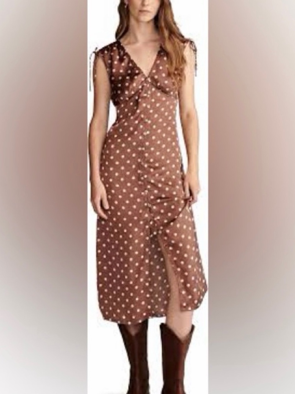 Lucky Brand satin Chocolate Polka Dot midi button down dress